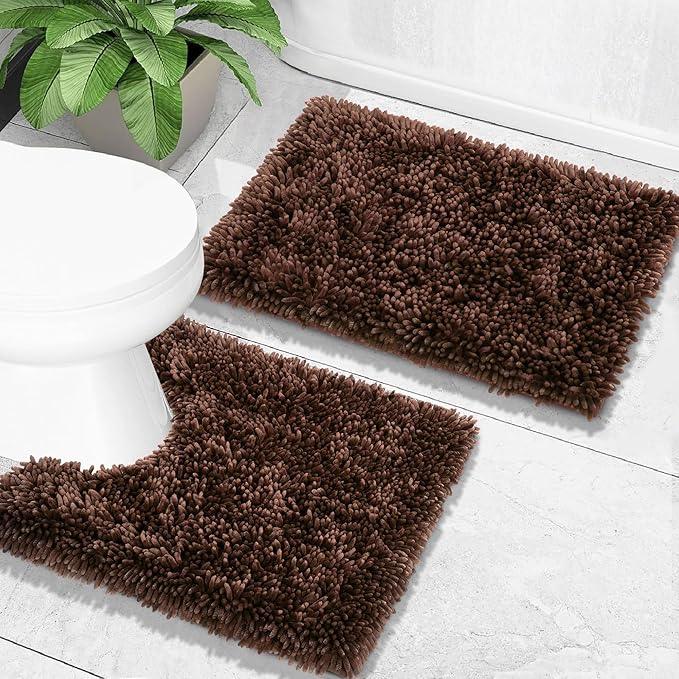 Yimobra Toilet Rugs U Shaped Washable, Extra Thick Soft Absorbent Chenille Contour Bathroom Rugs for Toilet 24x20 Inch, Quick Dry Non Slip Toilet Mat for Bath Floor, Brown - ModernBath