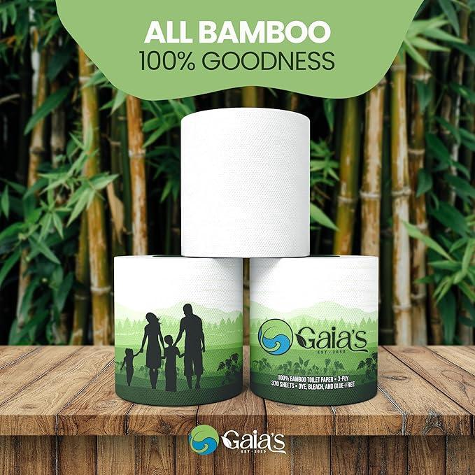 Gaias Premium and Soft Organic Bamboo Toilet Paper | 12 Mega Rolls, 3 Ply, 370 Sheets | FSC Certified, PFAS & BPA Free, Eco-Friendly, Sustainable Tissue - Plastic Free, Septic Safe, Vegan - ModernBath
