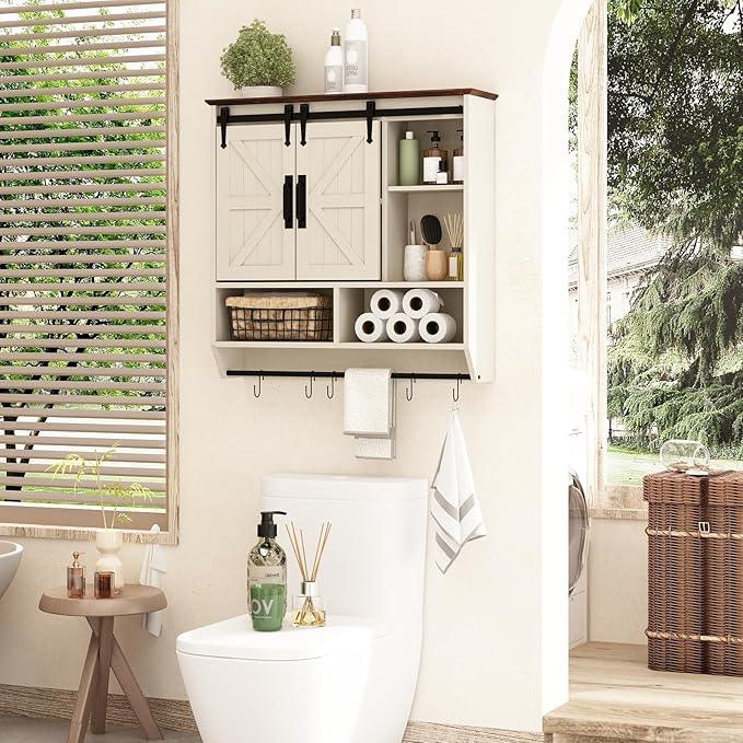 RUSTOWN Farmhouse Bathroom Wall Cabinet,3-Tier Rustic Wood Wall Mounted Cabinets,Vintage Medicine Cabinet with Sliding Barn Door and Adjustable Shelves,Over The Toilet Storage Cabinet (Vintage White) - ModernBath