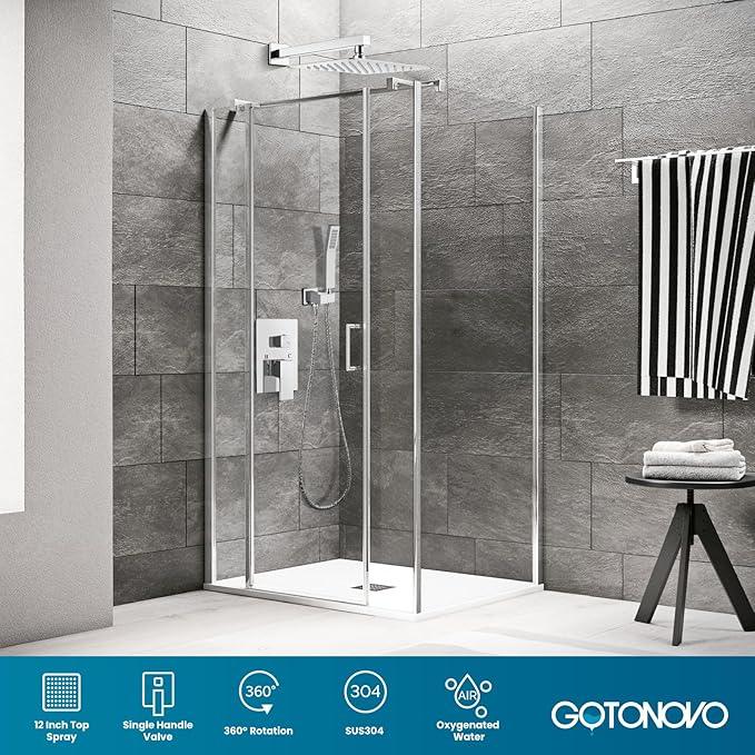 gotonovo Rainfall Bathroom Shower System Rain Shower Head and Handle Set Wall Mounted Shower Complete Combo Solid Brass Pressure Balancing Shower Mixer Valve 12 Inch Polished Chrome - ModernBath