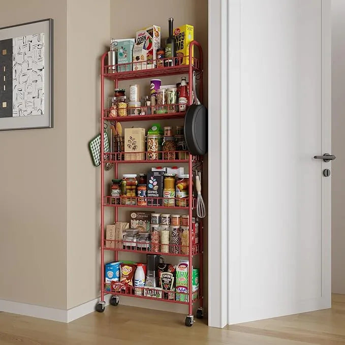 Slim Rolling Storage Cart 6 Tier, Metal Kitchen Rolling Utility Cart with Lockable Wheels for Kitchen, Bathroom, Office, Laundry Room, Small Narrow Spaces (Red 6 Inches) - ModernBath