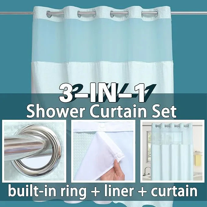 Extra Long No Hook Waffle Weave Shower Curtain with Snap in Liner Set, Hotel Luxury Blue Shower Curtains for Bathroom with See Through Top Window, Waterproof, Washable 71W x 84H - ModernBath
