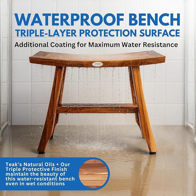 EcoDecors 24 Inch Satori Natural Teak Waterproof Teak Wood Shower Bench Stool Seat Chair for Inside Shower Provides Safety, Storage, and Organization for Bathroom Accessories - ModernBath