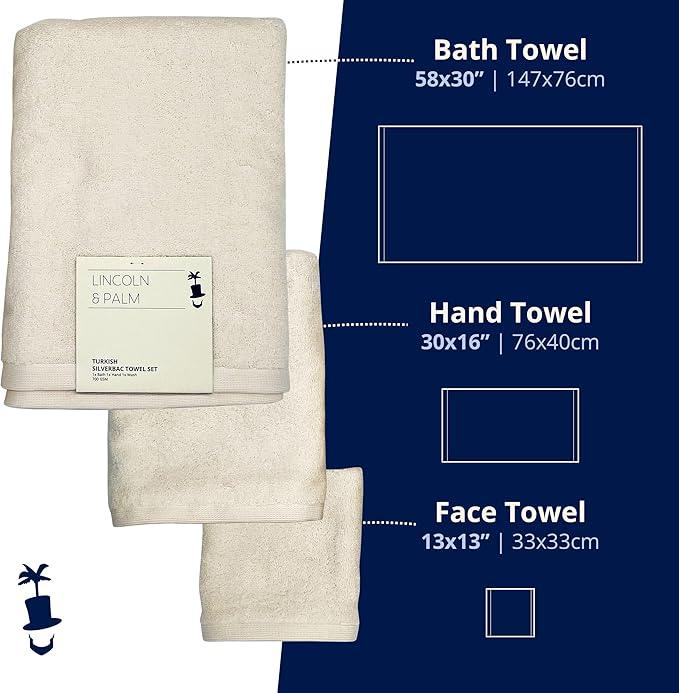 Lincoln & Palm 3 Piece Turkish Towels Set, Thick, Soft, Plush 700 GSM Spa & Hotel Quality, Silver Infused SILVERbac | Bath 58x30, Hand 30x16, Face Wash Cloth 13x13 (3 Piece Towel Set, Ivory) - ModernBath