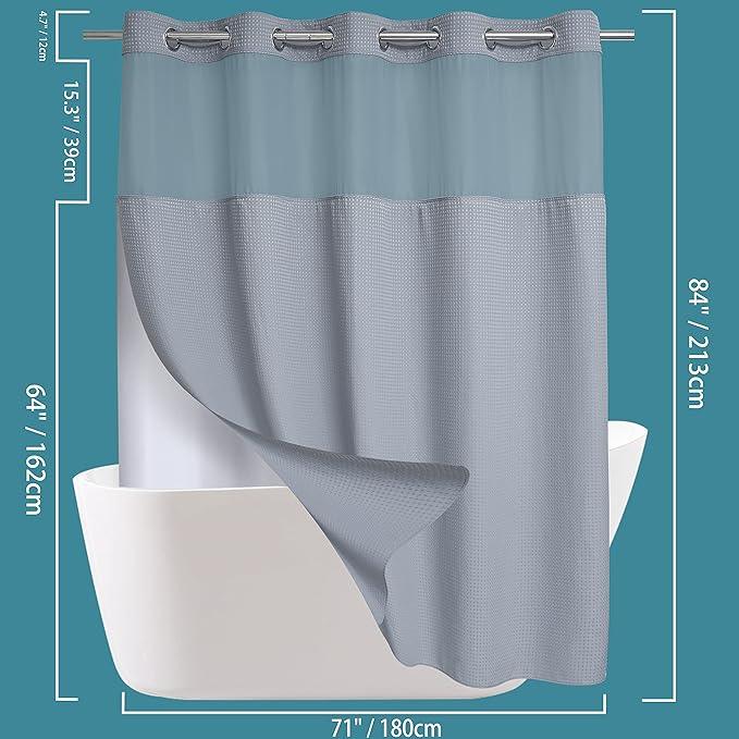 Conbo Mio Extra Long No Hook Waffle Weave Shower Curtain with Snap in Liner Set, Hotel Luxury Grey Shower Curtains for Bathroom with See Through Top Window, Waterproof, Washable 71W x 84H - ModernBath