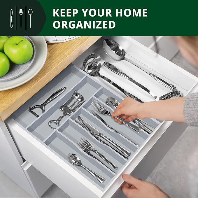 ROYAL CRAFT WOOD Luxury Bamboo Kitchen Drawer Organizer - Silverware Organizer - Utensil Holder and Cutlery Tray with Grooved Drawer Dividers for Flatware and Kitchen Utensils (7 Slot, Gray) - ModernBath