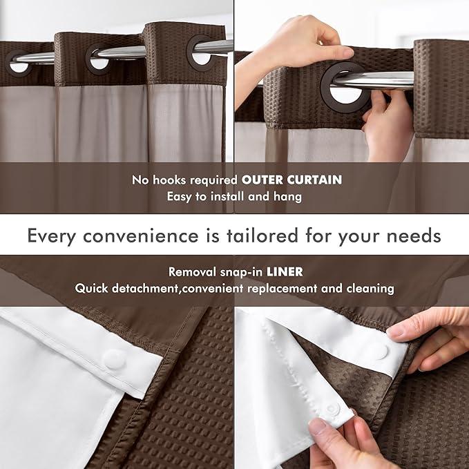 Mrs Awesome No Hook Shower Curtain with Snap-in Liner, Embossed Waffle Design Fabric Shower Curtain for Bathroom, Soft & Lightweight, 71x74, Chocolate - ModernBath