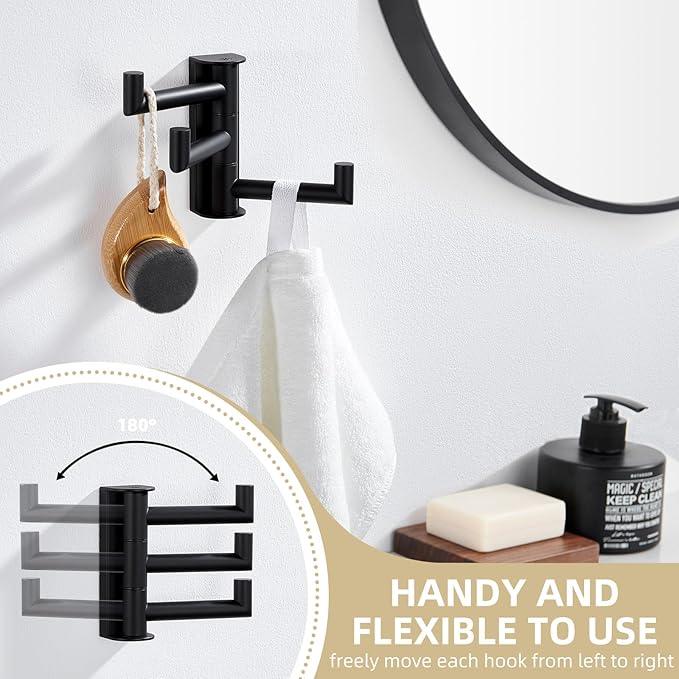 Angle Simple Swivel Towel Hook 3 Arms, SUS 304 Stainless Steel Foldable Bathroom Robe Towel Hook, Wall Coat Holder, Matte Black - ModernBath