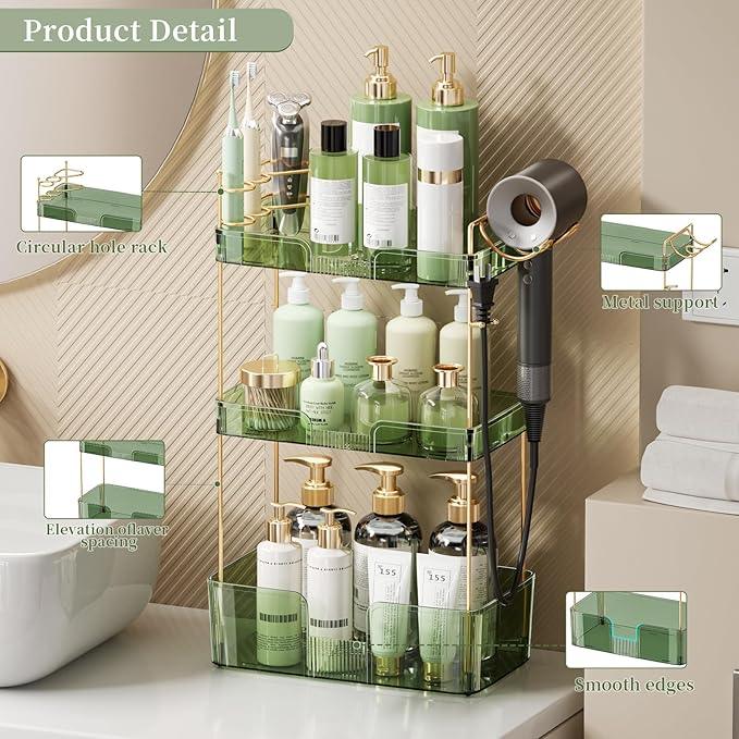 YCIA&DONE Bathroom Counter Organizer, Large Makeup Organizer Countertop, Shelf Storage, Vanity Tray, Easily Assemble for Bathroom Organizers and Storage, Undersink, Cabinet, 3 Tiers Green - ModernBath