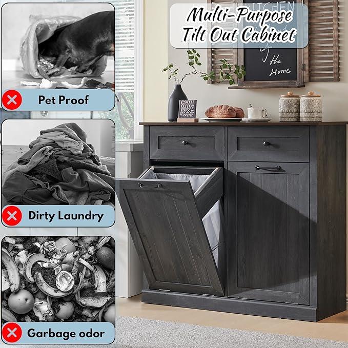 Double Tilt Out Laundry Hamper Cabinet, 20 Gallon Farmhouse Trash Can Cabinet with Drawer, Hidden Wood Garbage Can Bin Cabinet with Laundry Storage Basket for Bathroom, Kitchen, Dark Grey - ModernBath