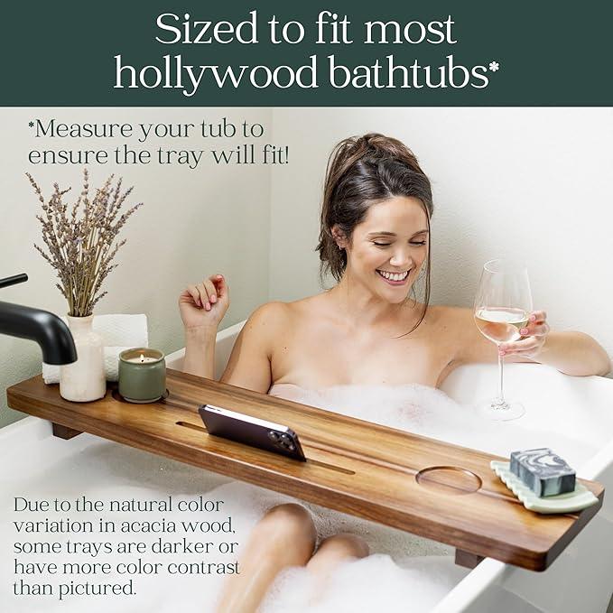 Premium Nature Shed Bathtub Tray for Freestanding Bath | Large & Thick 35” Acacia Wood Luxury Bath Tray for Tub | Anti-Tip, Non-Toxic, Adjustable Bathtub Trays for Tub with Bathroom Accessories Holder - ModernBath