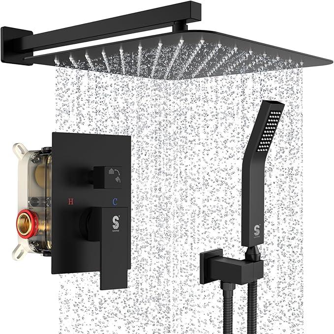 SR SUN RISE Matte Black Square Rainfall Shower Head and Handle Set, Wall Mounted Shower Fixtures, Metal Shower Faucet Trim Repair Kits (With Shower Valve) 16 Inches - ModernBath