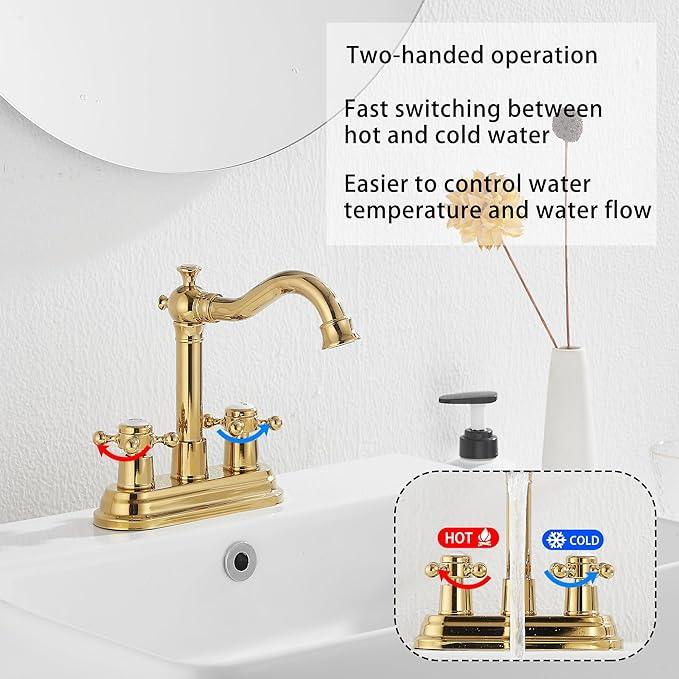 GGStudy Bathroom Faucet Polished Gold 2 Handles 4 Inches Centerset Bathroom Vanity with Drain Assembly and Supply Hose Lavatory Faucet - ModernBath