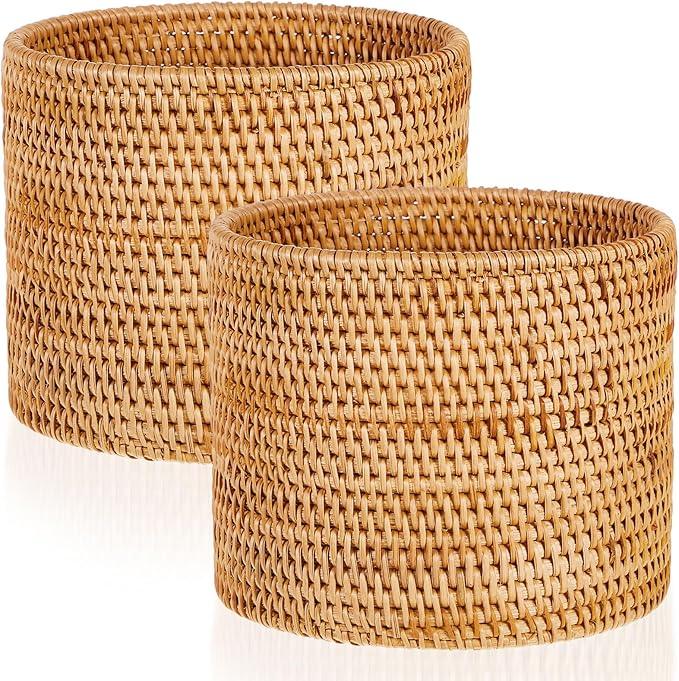 2 Pcs Mini Rattan Bathroom Trash Can Handmade Wicker Waste Basket Small Cylinder Storage Table Baskets for Bathroom Home Bedroom Kitchen Storage Office Desktop Essential - ModernBath
