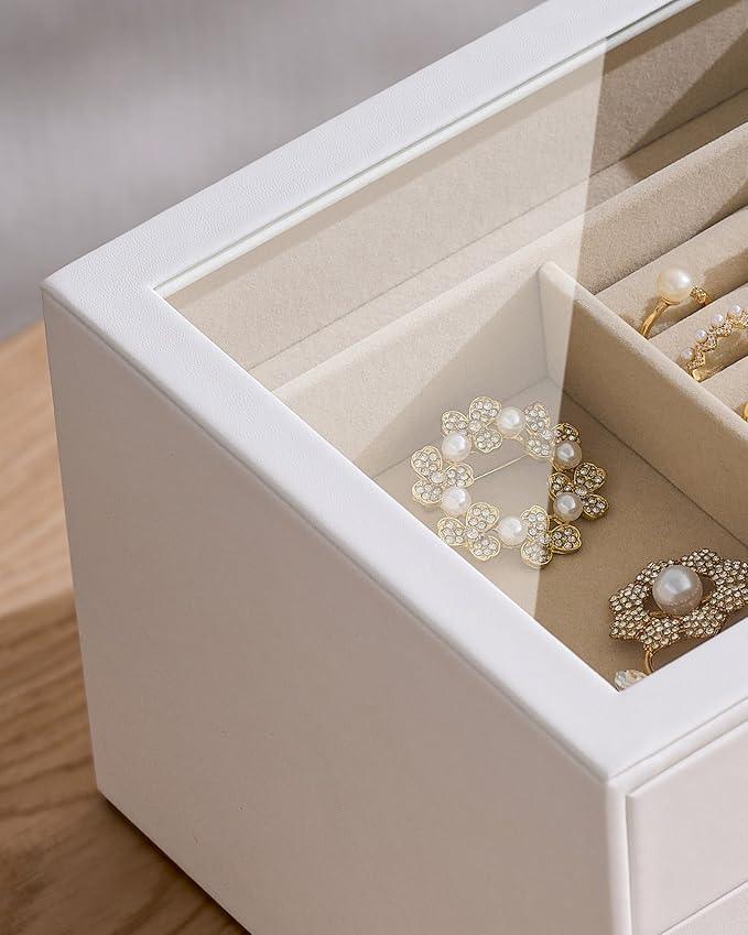pickpiff Jewelry Box Organizer Case for Women: 4-Layer Jewelry Storage Case with Glass Window, Pure White Leather with Velvet Holder for Ring Necklace Bracelet Brooch Watch, Great Gift for Her - ModernBath