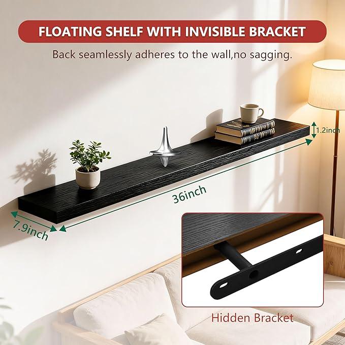 ROGMARS Black Floating Shelves for Wall,36 inch Rustic Wooden Floating Wall Mounted Book Shelves with Invisible Brackets for Living Room, Bedroom, Kitchen, Bathroom,Set of 3 - ModernBath