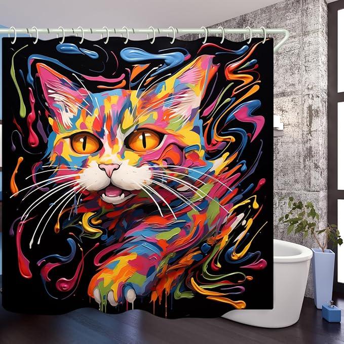 LYFANS Bathroom Using Colorful Oil Painting Cat 3D Shower Curtains, Luxury Bathtub Standard Shower Curtain, Waterproof and Bright Fabric Shower Curtain， Size (72x72 Inches) - ModernBath