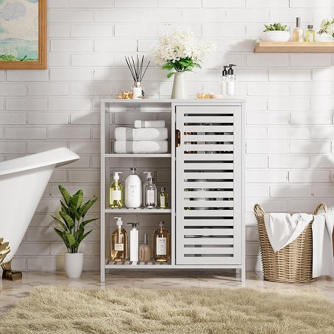 HITNET Bathroom Cabinet Freestanding, Bamboo Floor Cabinet, Side Storage Organizer with Door and 3 Shelves, Living Room Kitchen Cupboard, White - ModernBath