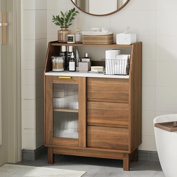 Bathroom Storage Cabinet, Small Storage Cabinets with Doors and Shelves, Coffee Bar Cabinet Buffet Sideboard Cabinet for Dining Room, Living Room, Entryway, Walnut - ModernBath