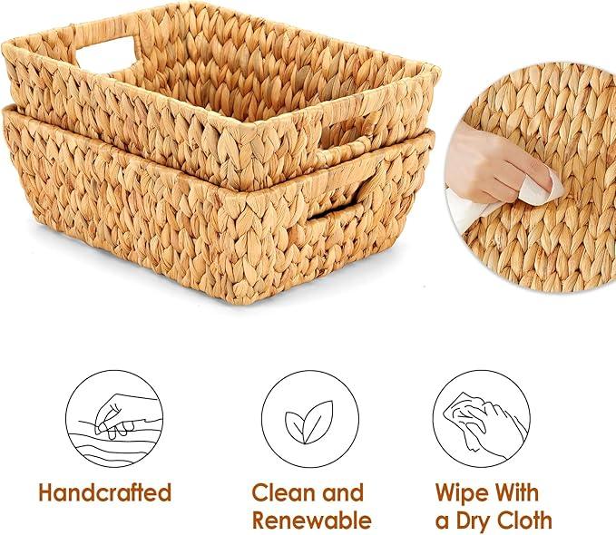 Wicker Baskets 2 Pack, Water Hyacinth Wicker Storage Basket with Handles for Organizing, Handmade Large Baskets, Natural - ModernBath