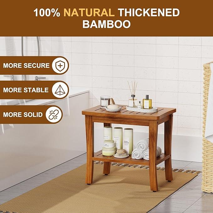 Large Teak Wood Shower Bench Stool with Storage Shelf Wooden Teak Bench for Shower Seat Chair for Inside Shower Waterproof Teakwood Shower Bench Bathroom Spa Bathing Shower Stool with Non-Slip Feet - ModernBath
