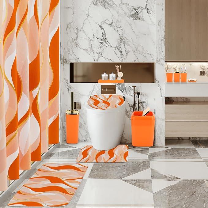 XLHOMO Bathroom Set - Orange and Gold Bathroom Accessories, Bathroom Sets with Shower Curtain and Rugs, Orange Shower Curtain Set with Bathroom Trash Can, Soap Dispenser, Soap Dish for Home Decor - ModernBath