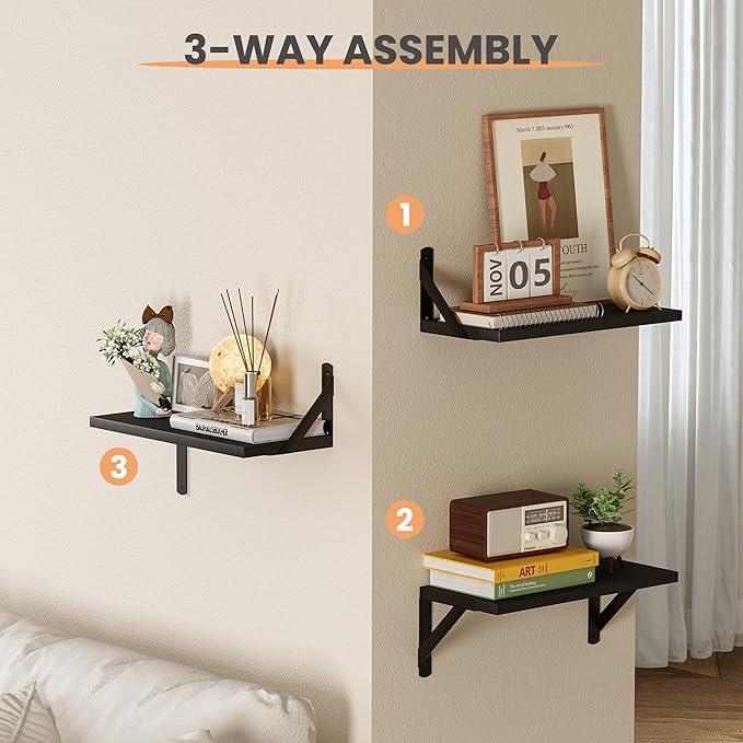 upsimples Floating Book Shelves for Wall, 15.7 Inches Wood Shelves for Living Room, Bathroom, Bedroom, Kitchen Storage and Decoration, Black - ModernBath