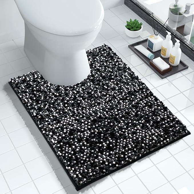 Yimobra Luxury Chenille U-Shaped Toilet Rug, Super Soft Shaggy Contour Bath Mat for Bathroom Floor, Fluffy, Water Absorbent, Non Slip, Machine Washable, Dry Quickly, 24''x 20'', Black & Dark Grey - ModernBath