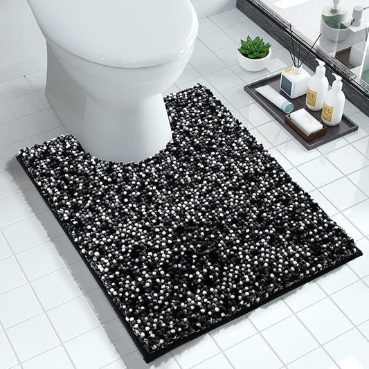 Yimobra Luxury Chenille U-Shaped Toilet Rug, Super Soft Shaggy Contour Bath Mat for Bathroom Floor, Fluffy, Water Absorbent, Non Slip, Machine Washable, Dry Quickly, 24''x 20'', Black & Dark Grey - ModernBath