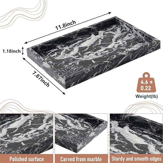 MULWR Marble Bathroom Tray,Pure Natural Vanity Tray,Marble Tray for Kitchen Counter Non-Ceramic/Non-Resin,Stone Trays 12 x 8 inch - ModernBath