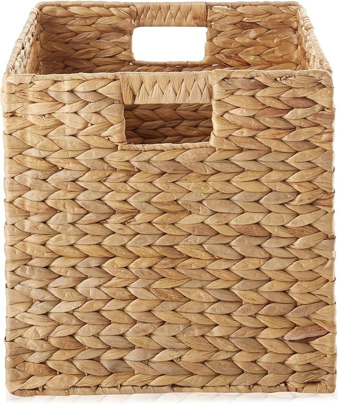 Casafield 12" x 12" Water Hyacinth Storage Baskets, Natural - Set of 6 Collapsible Cube Organizers, Woven Bins for Bathroom, Bedroom, Laundry, Pantry, Shelves - ModernBath