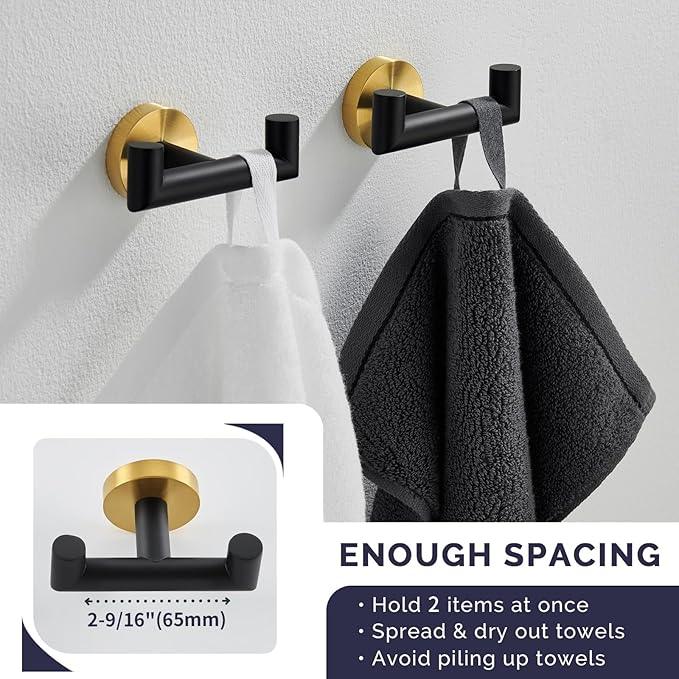Angle Simple Towel Double Hook Black & Gold, 2 PCS Stainless Steel Bathroom Towel Holder, Dual Robe Coat Hook for Wall - ModernBath