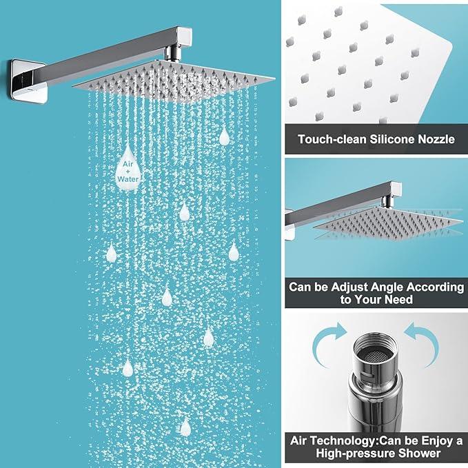 RTTWYYUU Chrome Shower System 8 Inch, Rain Shower Head with Handheld Spray, Luxury Rain Shower Set Square Wall Mount for Bathroom with Rain Shower and Handheld Shower System - ModernBath
