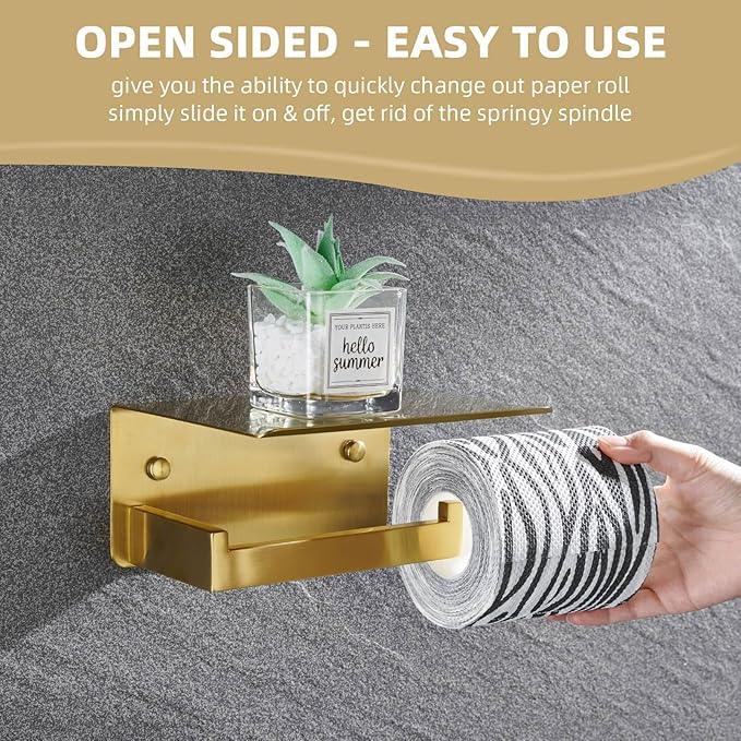 Angle Simple Toilet Paper Holder with Shelf, 304 Stainless Steel Bathroom Tissue Roll Holder for Wall, Brassy Gold - ModernBath