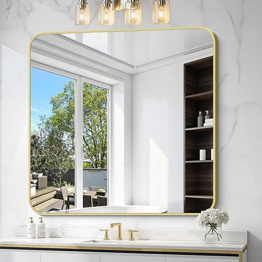 CIVENO Gold Bathroom Mirror, 42x42 Inch Metal Framed Square Mirror, Rounded Corner Gold Vanity Mirror, Large Wall Mounted Mirrors for Living Room Bedroom Entryway Hangs Horizontal or Vertical - ModernBath