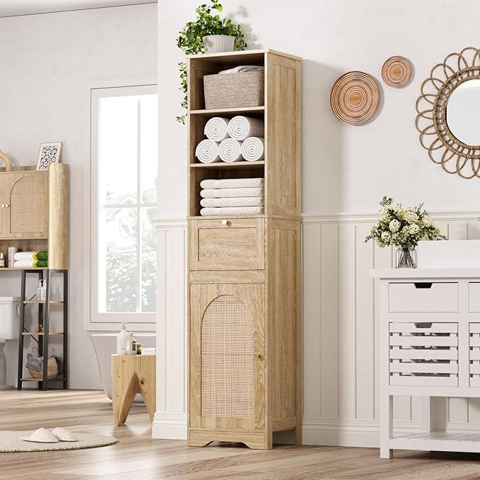 67" H Natural Bathroom Storage Cabinet with Rattan Doors and Slide Storage, Tall Narrow Freestanding Tower Cabinets with Adjustable Shelves for Kitchen, Living Room, Dining Room - ModernBath