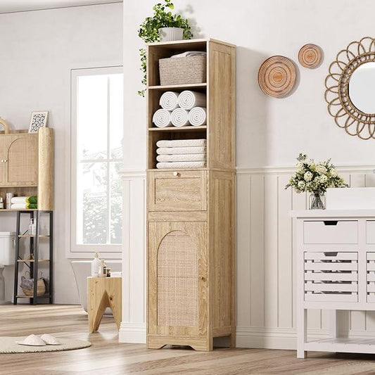 67" H Natural Bathroom Storage Cabinet with Rattan Doors and Slide Storage, Tall Narrow Freestanding Tower Cabinets with Adjustable Shelves for Kitchen, Living Room, Dining Room - ModernBath