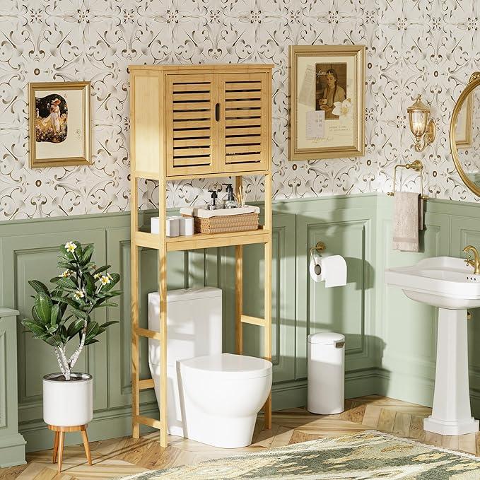 SMIBUY Bathroom Over The Toilet Storage Cabinet, 2 Door Bamboo Cabinet Organizer, Freestanding Space Saver Toilet Rack with Adjustable Inside Shelf and Open Shelf (Natural) - ModernBath