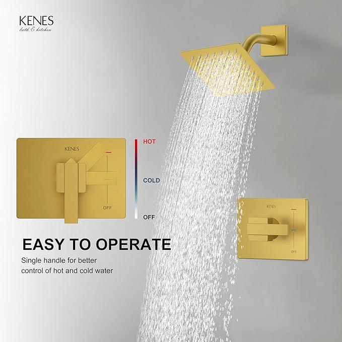 KENES Brushed Gold Shower Faucet, Modern Square 6-Inch Shower Head and Handle Set, Bathroom Rainfall Shower System Wall Mount, KE-6025B-4 (Including Shower Valve) - ModernBath