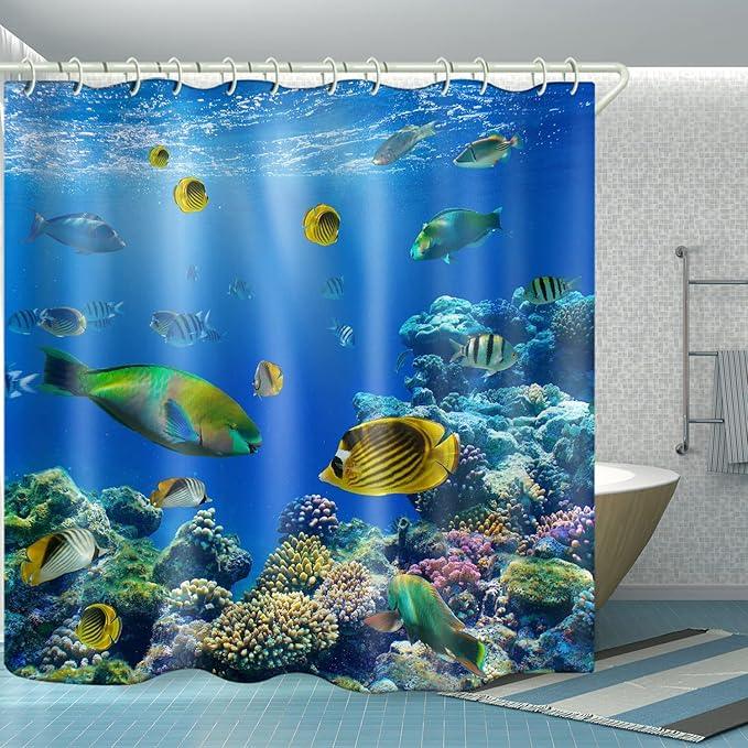 LYFANS Waterproof Polyester Fabric Shower Curtains, Seaworld Print Large Width Partition Curtain, Bathtub Shower Curtain Liner, 12 White Hooks (72x72 inches) - ModernBath