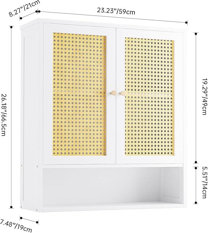 Bathroom Wall Cabinet, Bamboo Over-The-Toilet Storage Organizer with 2 Rattan Doors and Adjustable Shelf, Space Saver Medicine Cabinet for Laundry, Kitchen, Living Room (White) - ModernBath