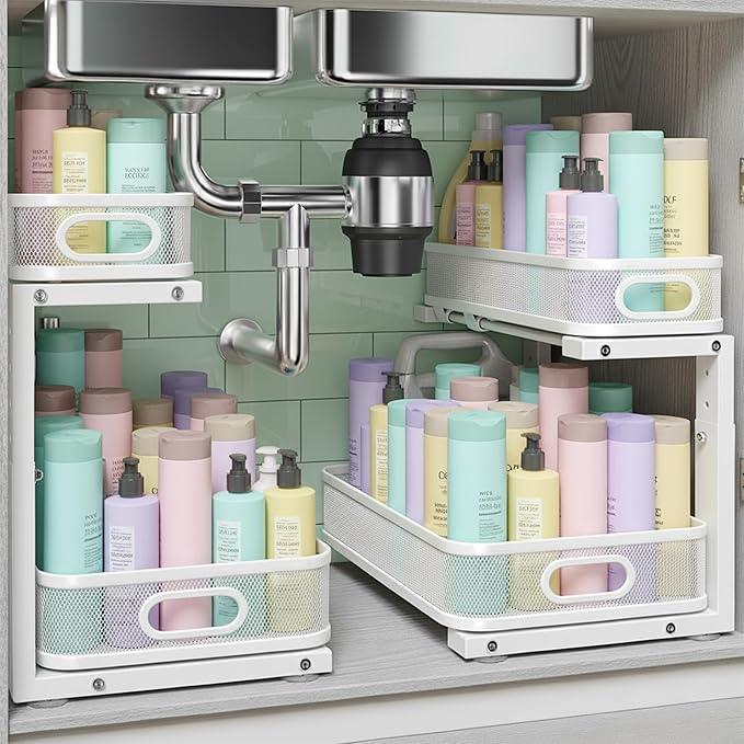2 Pack Under Sink Organizer, Dual-Layer Pull Out Mesh Cabinet Rack with 5-Level Height Adjustment, Rust-Resistant Sliding Storage for Bathroom & Kitchen, Multi-Purpose 2-Tier Shelf - ModernBath
