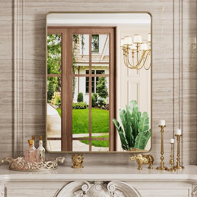 JISOSO Bronze Bathroom Mirror 24x32 Inch, Brushed Bronze Metal Frame Mirror for Wall, Rounded Rectangle Bathroom Vanity Mirror with Tempered Glass, Anti-Rust, Horizontal/Vertical - ModernBath