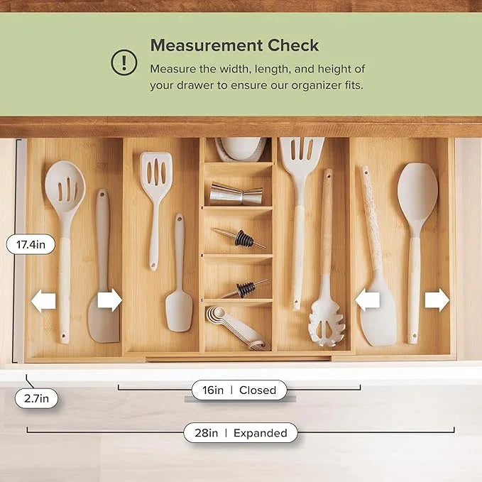 KitchenEdge Adjustable Bamboo Kitchen Drawer Organizer for Utensils and Junk, Expandable to 28 inches Wide, 9 Compartments - ModernBath