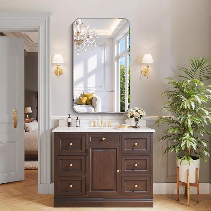 CILIBER Frameless Rectangle Mirror, 24x40 Beveled Bathroom Mirror Rounded Corner, Frameless Wall Mirror Shatterproof Tempered Glass Lightweight Design for Bedroom Living Room Entryway - ModernBath