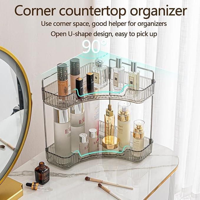 shuang qing 2-Tier Corner Bathroom Counter Organizer – Classic Storage Shelf for Makeup, Perfume & Toiletries, Space-Saving Countertop Tray Fits Bathroom, Dresser, Kitchen (Slate Gray) - ModernBath