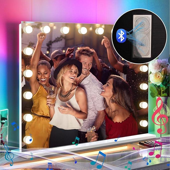 FENCHILIN 32 x 23 Inch RGB LED Vanity Mirror with Light and RGB Backlit Hollywood Lighted Makeup Mirror, Smart Touch Control Light Mirror with Memory Function - ModernBath