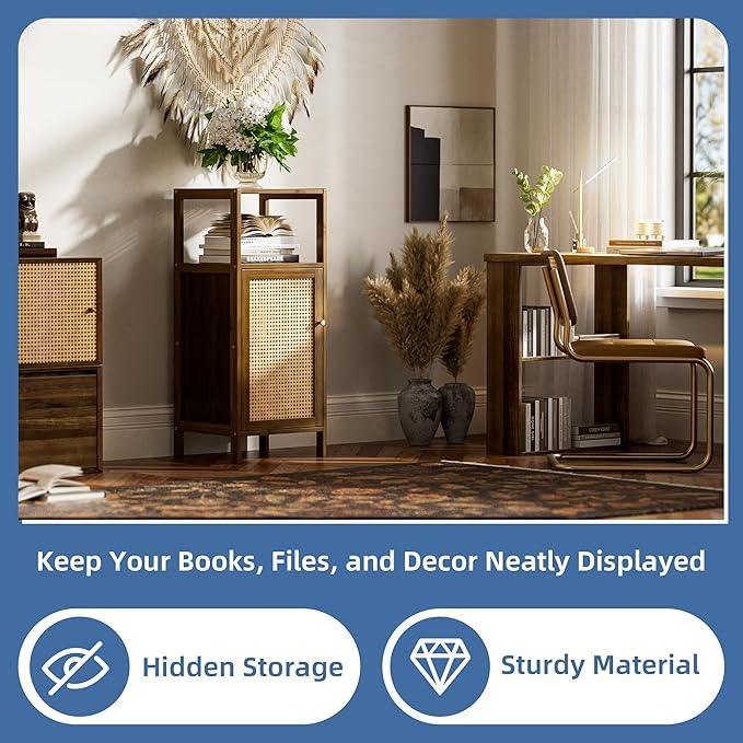 HITNET Rattan Bathroom Floor Cabinet, Bamboo Storage Cupboard with Single Door, Freestanding Small Living Room Sideboard, Space Saving Entryway Storage Unit, Walnut - ModernBath