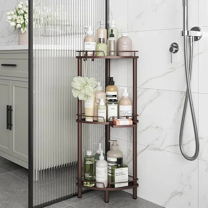 ELYKEN Corner Shower Caddy Standing, 3 Tier Rustproof Metal Shower Organizer with Soap Holder, Floor Shower Corner Shelf Rack Storage Stands with Adjustable Feet & 2 Hooks for Bathroom, Bronze - ModernBath