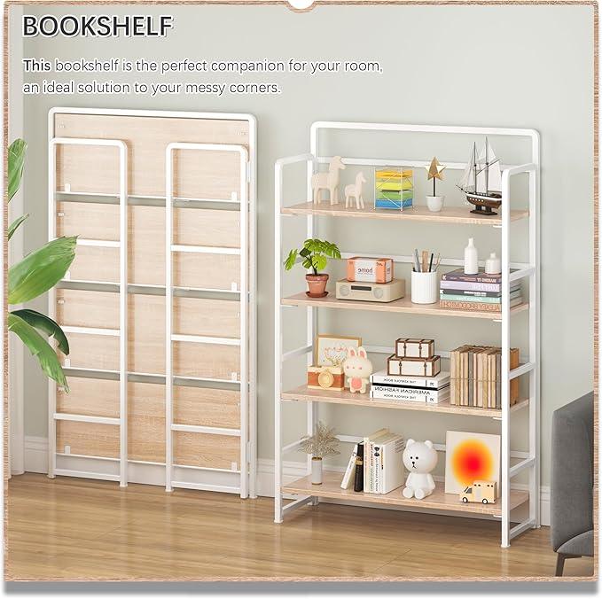 4NM No Assembly Extra Wide 4 Tiers Folding Bookshelf Storage Shelves Vintage Bookcase Standing Racks Study Organizer Home Office (Natural White) - ModernBath